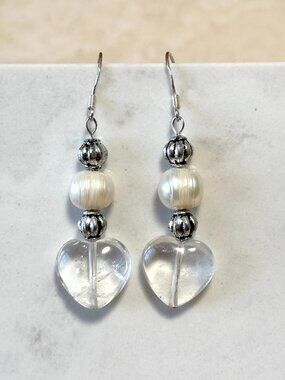 2/$20, Genuine Clear Quartz & Pearl Stone Heart Sterling Silver Hook Earrings